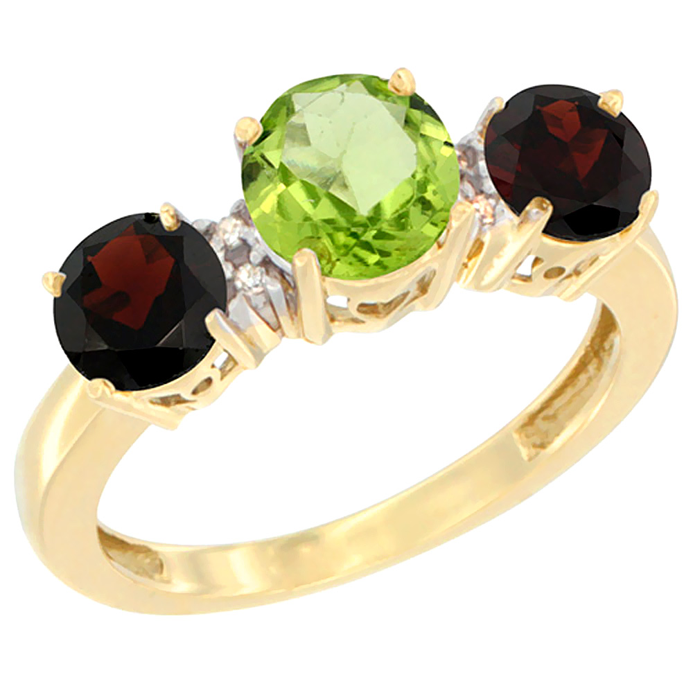 14K Yellow Gold Round 3-Stone Natural Peridot Ring & Garnet Sides Diamond Accent, sizes 5 - 10