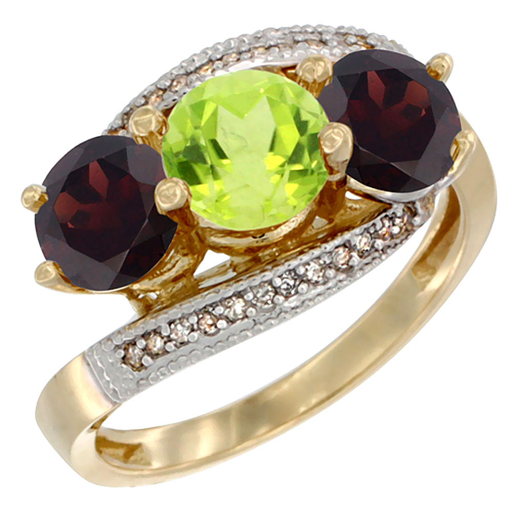 14K Yellow Gold Natural Peridot & Garnet Sides 3 stone Ring Round 6mm Diamond Accent, sizes 5 - 10