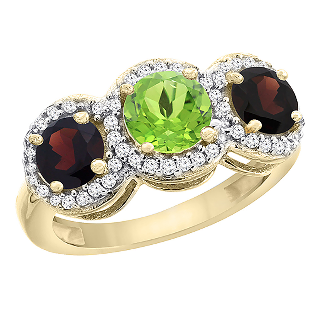 14K Yellow Gold Natural Peridot & Garnet Sides Round 3-stone Ring Diamond Accents, sizes 5 - 10