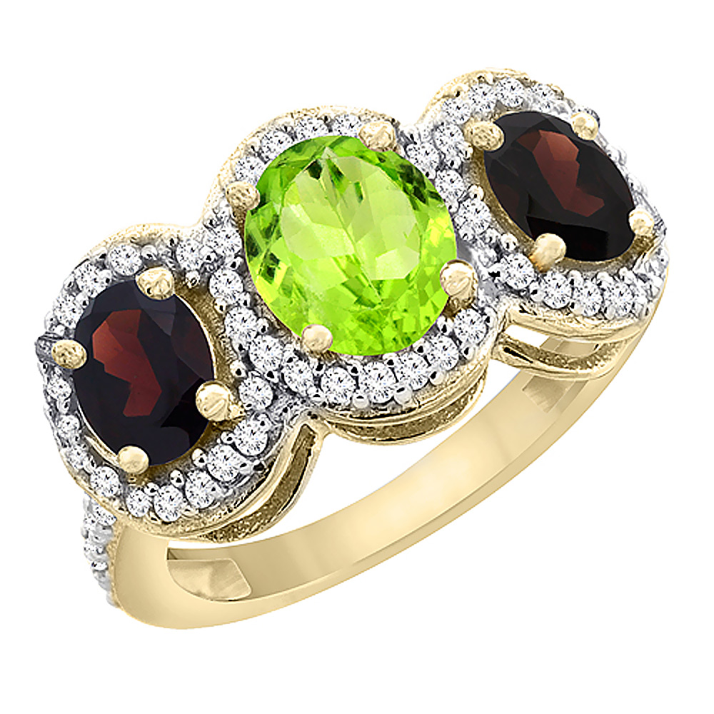 14K Yellow Gold Natural Peridot & Garnet 3-Stone Ring Oval Diamond Accent, sizes 5 - 10