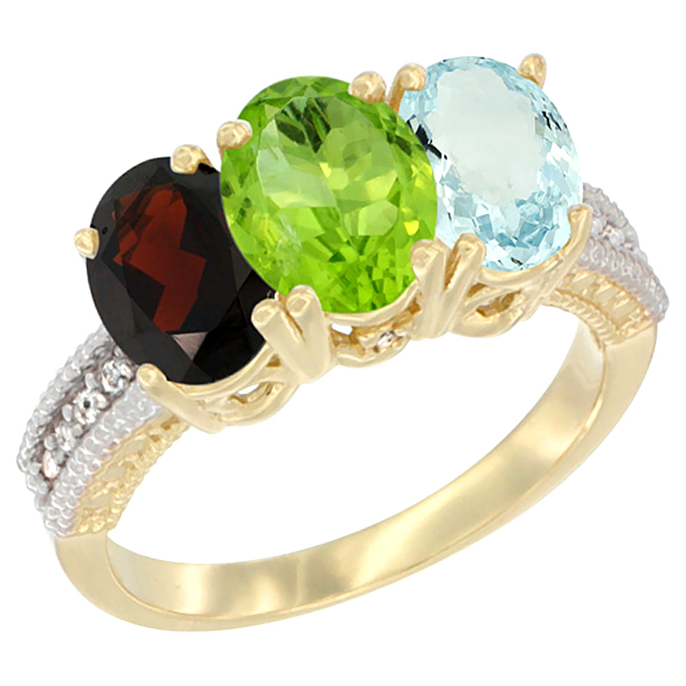 14K Yellow Gold Natural Garnet, Peridot &amp; Aquamarine Ring 3-Stone 7x5 mm Oval Diamond Accent, sizes 5 - 10