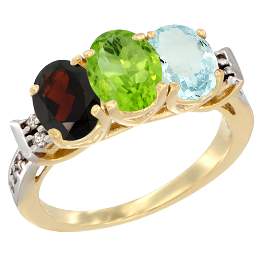 14K Yellow Gold Natural Garnet, Peridot &amp; Aquamarine Ring 3-Stone 7x5 mm Oval Diamond Accent, sizes 5 - 10