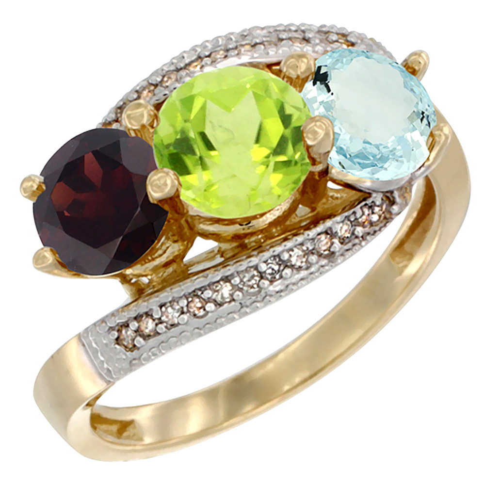 14K Yellow Gold Natural Garnet, Peridot & Aquamarine 3 stone Ring Round 6mm Diamond Accent, sizes 5 - 10