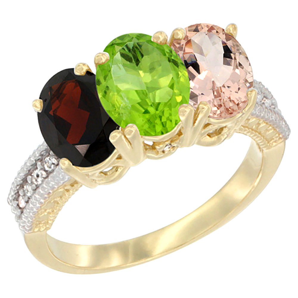 10K Yellow Gold Diamond Natural Garnet, Peridot & Morganite Ring 3-Stone 7x5 mm Oval, sizes 5 - 10