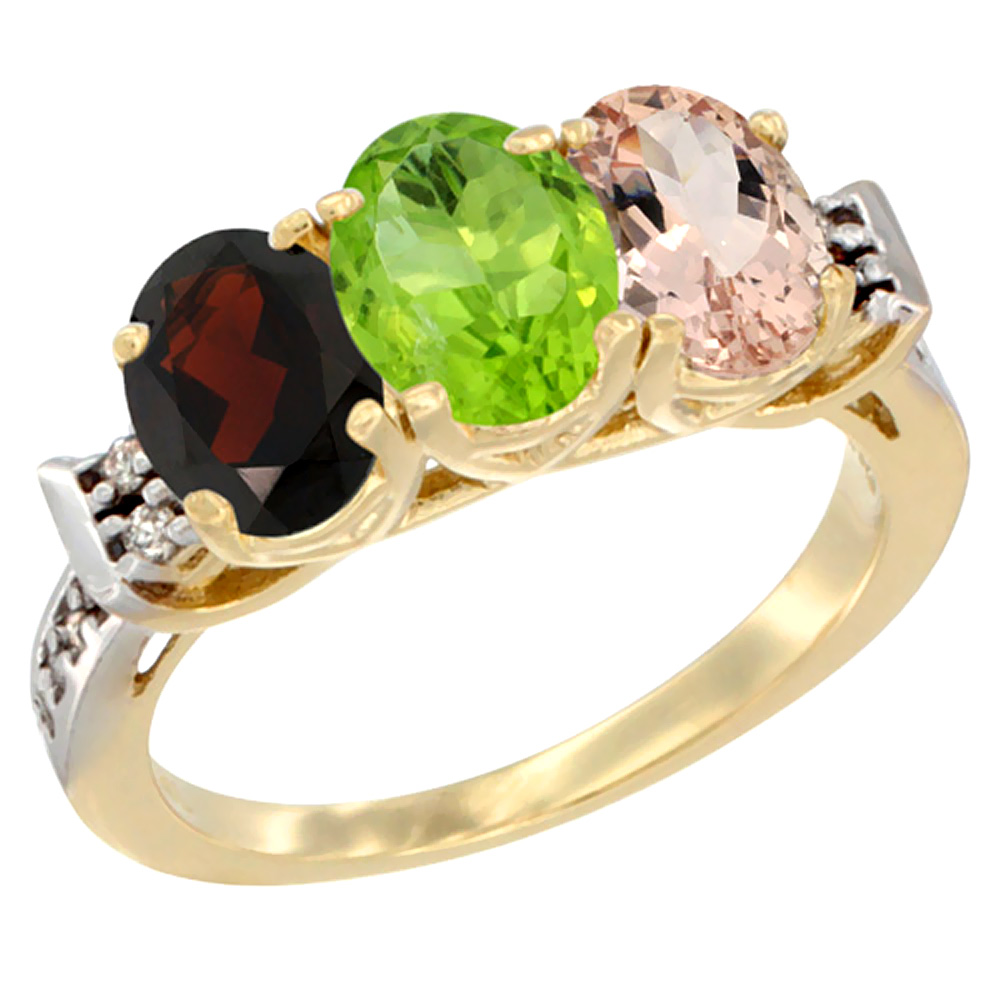 14K Yellow Gold Natural Garnet, Peridot &amp; Morganite Ring 3-Stone 7x5 mm Oval Diamond Accent, sizes 5 - 10