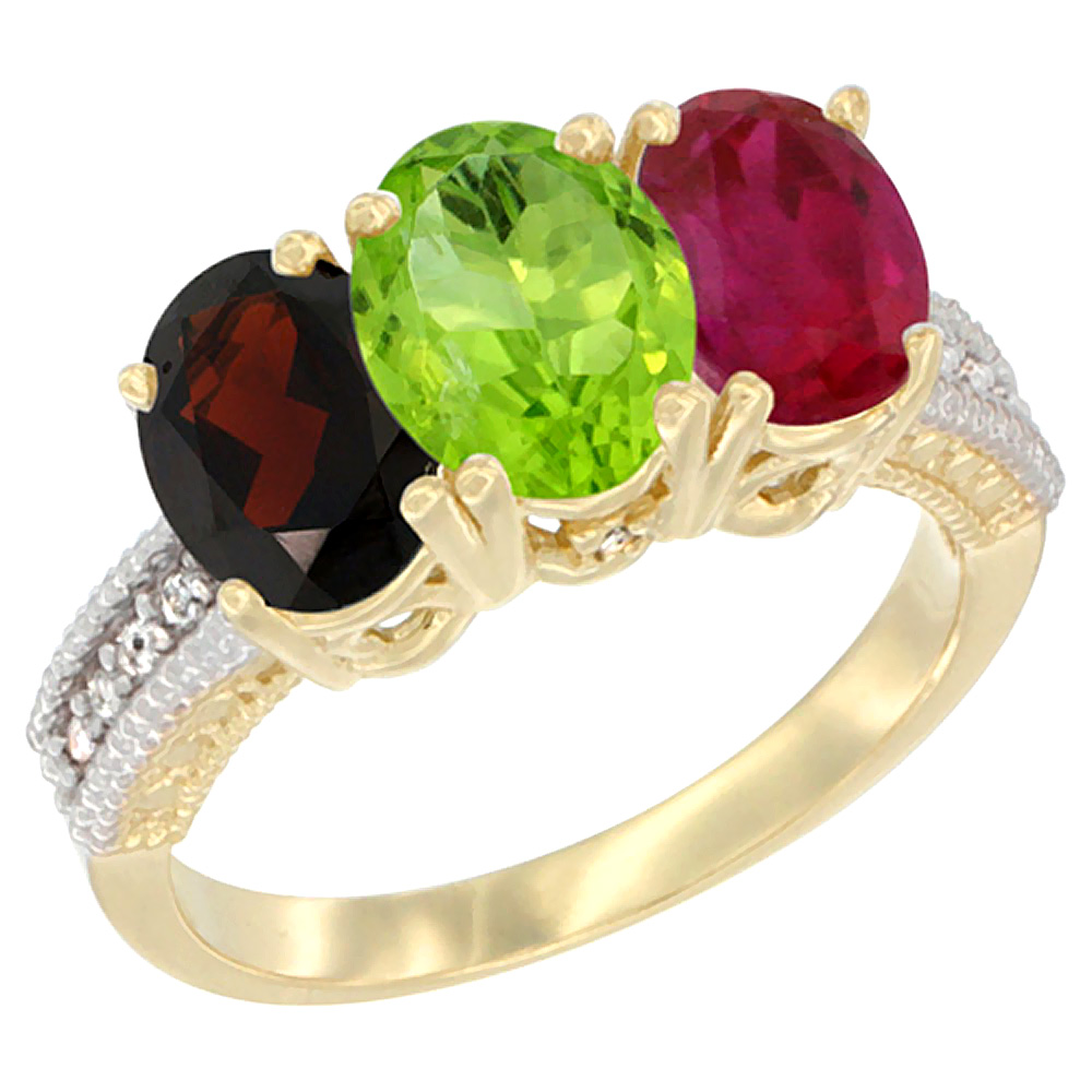 14K Yellow Gold Natural Garnet, Peridot &amp; Enhanced Ruby Ring 3-Stone 7x5 mm Oval Diamond Accent, sizes 5 - 10