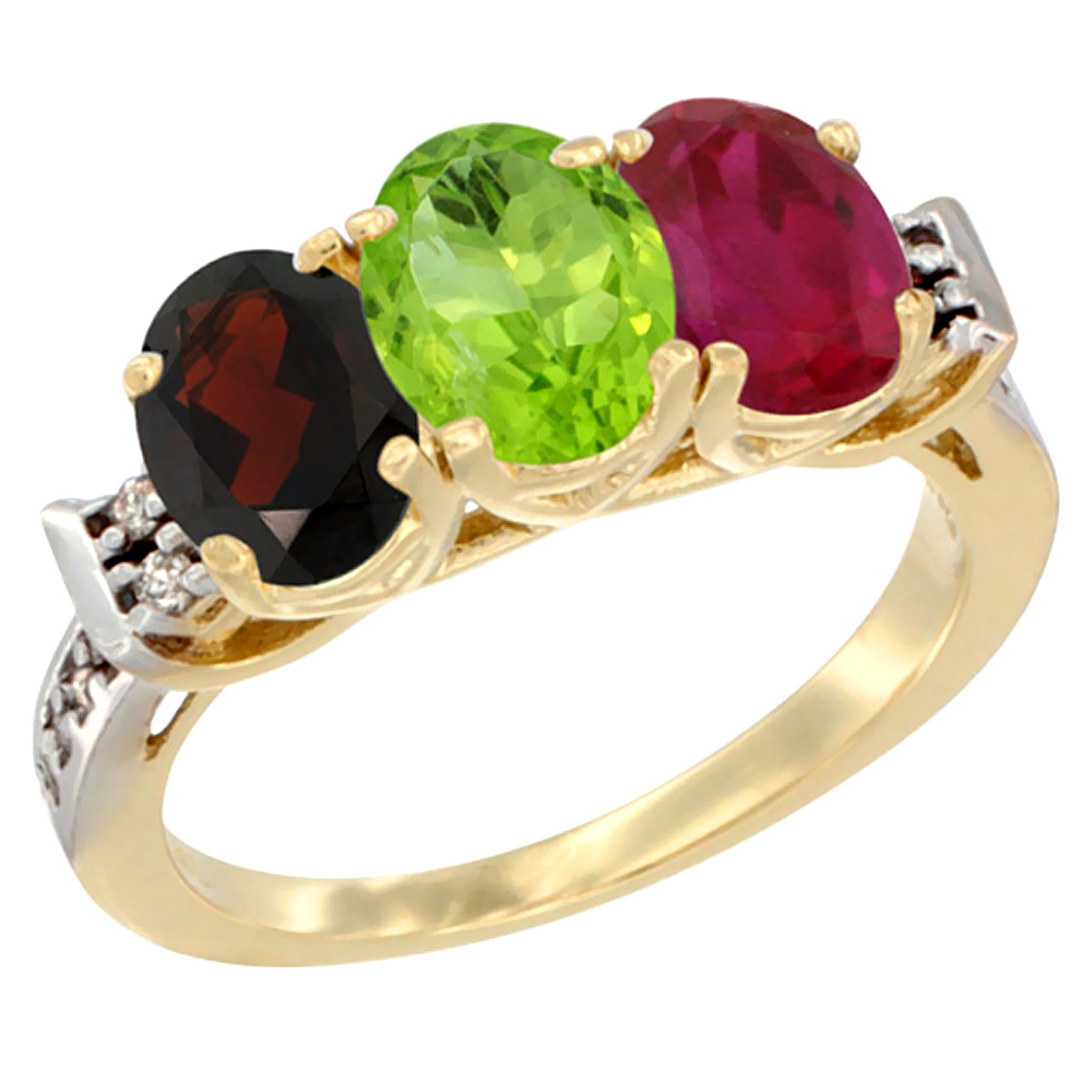 14K Yellow Gold Natural Garnet, Peridot &amp; Enhanced Ruby Ring 3-Stone 7x5 mm Oval Diamond Accent, sizes 5 - 10