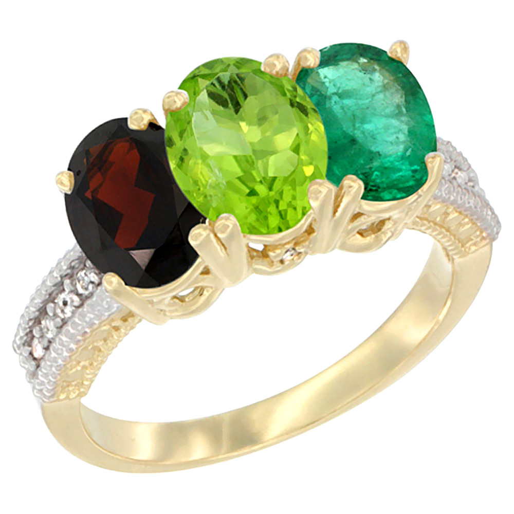 14K Yellow Gold Natural Garnet, Peridot &amp; Emerald Ring 3-Stone 7x5 mm Oval Diamond Accent, sizes 5 - 10