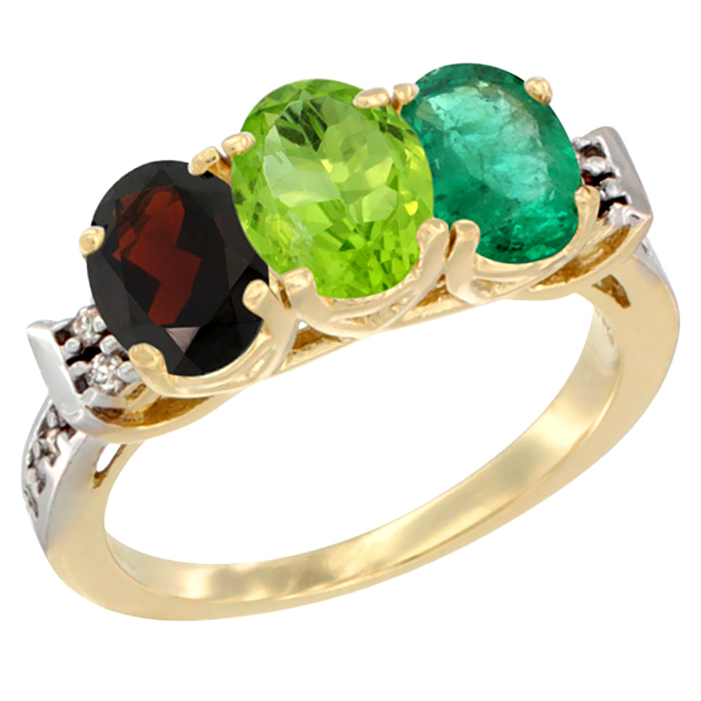 14K Yellow Gold Natural Garnet, Peridot & Emerald Ring 3-Stone 7x5 mm Oval Diamond Accent, sizes 5 - 10