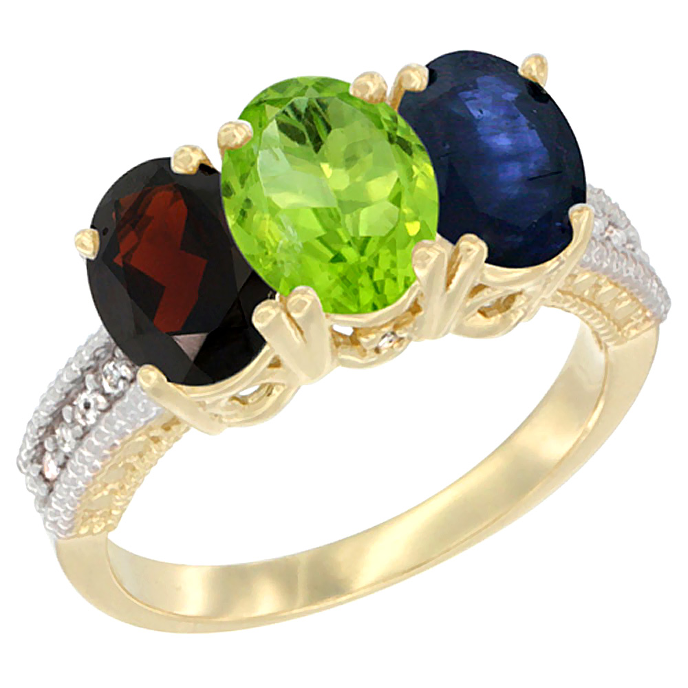 14K Yellow Gold Natural Garnet, Peridot &amp; Blue Sapphire Ring 3-Stone 7x5 mm Oval Diamond Accent, sizes 5 - 10