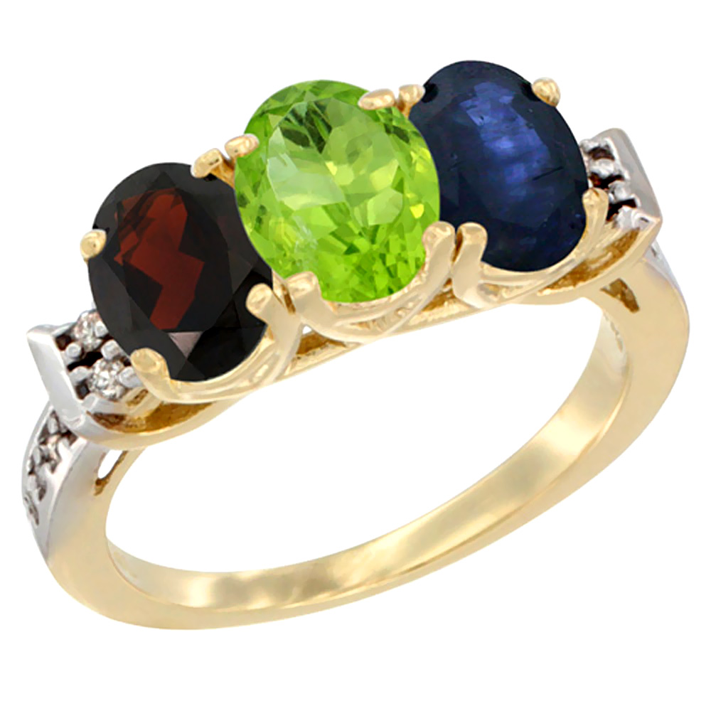 14K Yellow Gold Natural Garnet, Peridot & Blue Sapphire Ring 3-Stone 7x5 mm Oval Diamond Accent, sizes 5 - 10