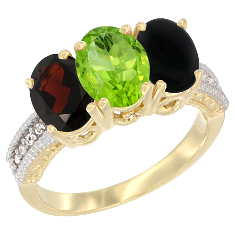 10K Yellow Gold Diamond Natural Garnet, Peridot & Black Onyx Ring 3-Stone 7x5 mm Oval, sizes 5 - 10