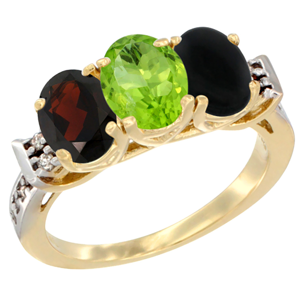 14K Yellow Gold Natural Garnet, Peridot &amp; Black Onyx Ring 3-Stone 7x5 mm Oval Diamond Accent, sizes 5 - 10