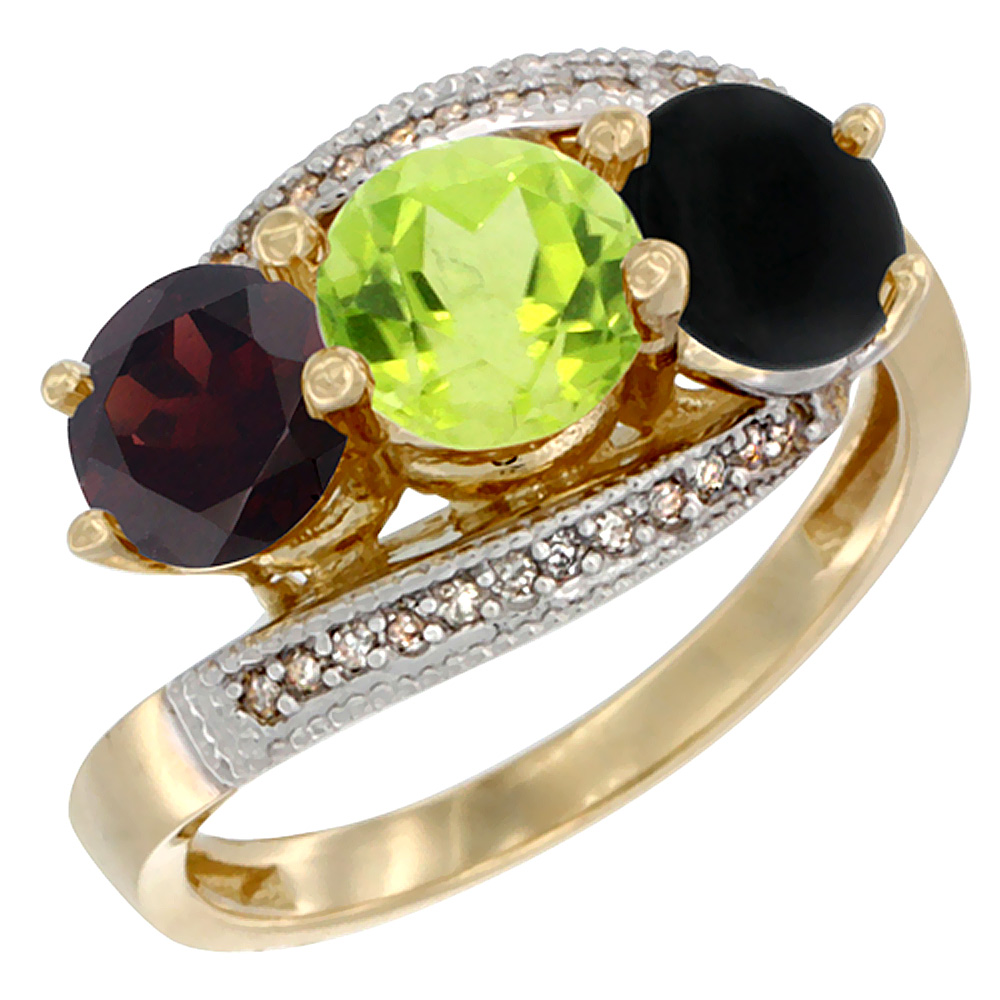 10K Yellow Gold Natural Garnet, Peridot & Black Onyx 3 stone Ring Round 6mm Diamond Accent, sizes 5 - 10