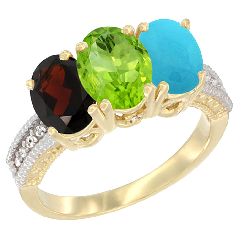 14K Yellow Gold Natural Garnet, Peridot &amp; Turquoise Ring 3-Stone 7x5 mm Oval Diamond Accent, sizes 5 - 10