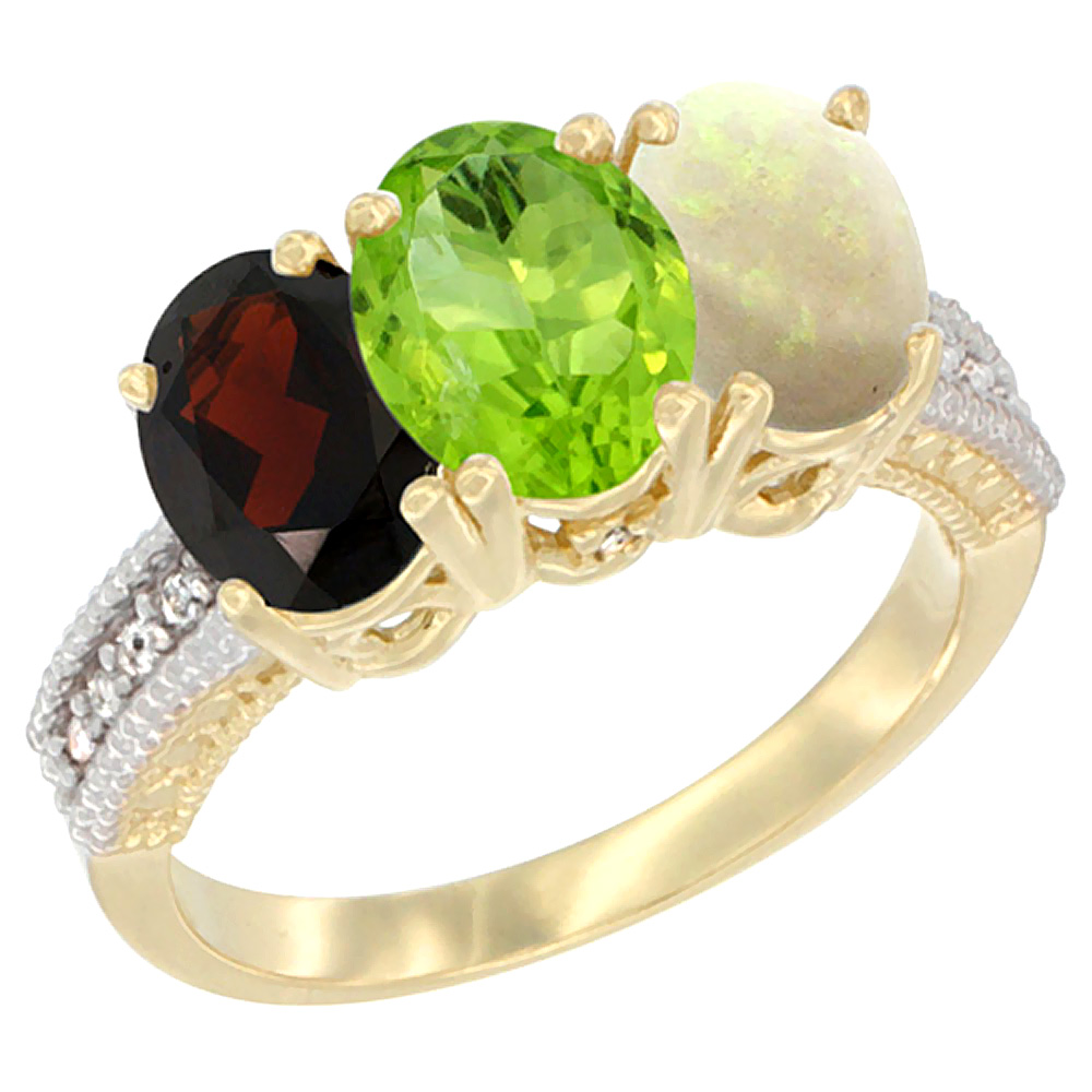 14K Yellow Gold Natural Garnet, Peridot & Opal Ring 3-Stone 7x5 mm Oval Diamond Accent, sizes 5 - 10