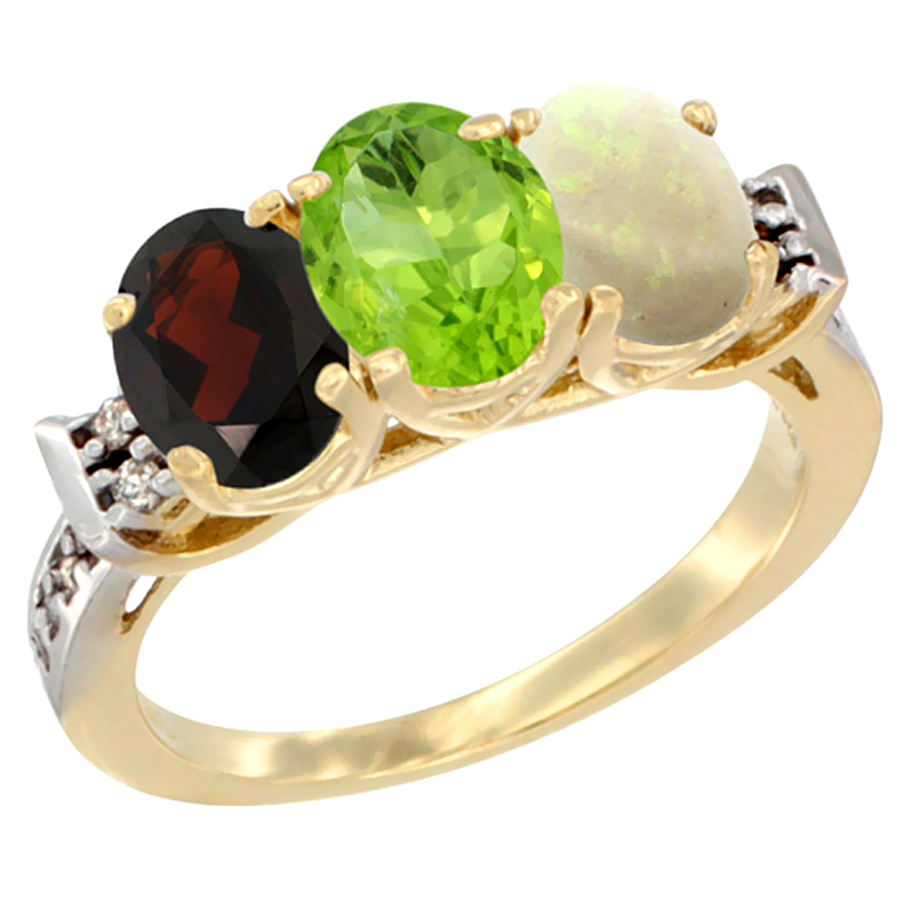 10K Yellow Gold Natural Garnet, Peridot & Opal Ring 3-Stone Oval 7x5 mm Diamond Accent, sizes 5 - 10