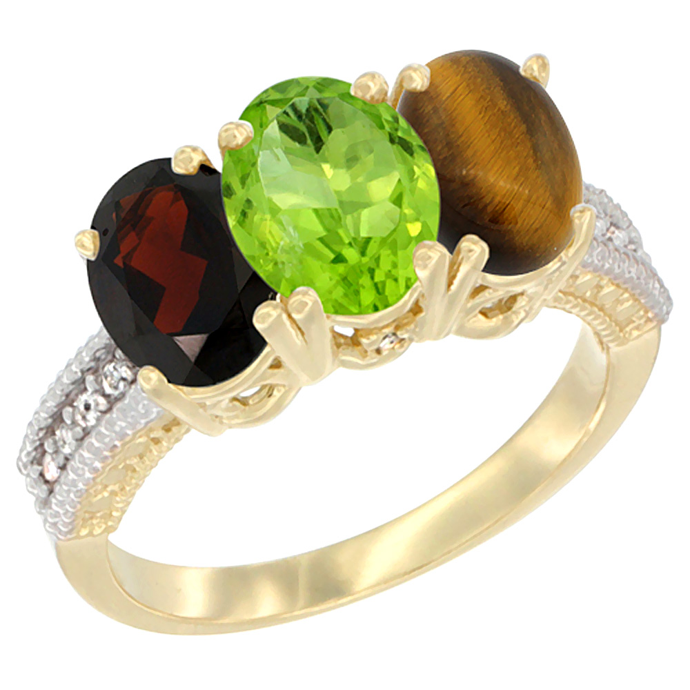 10K Yellow Gold Diamond Natural Garnet, Peridot &amp; Tiger Eye Ring 3-Stone 7x5 mm Oval, sizes 5 - 10