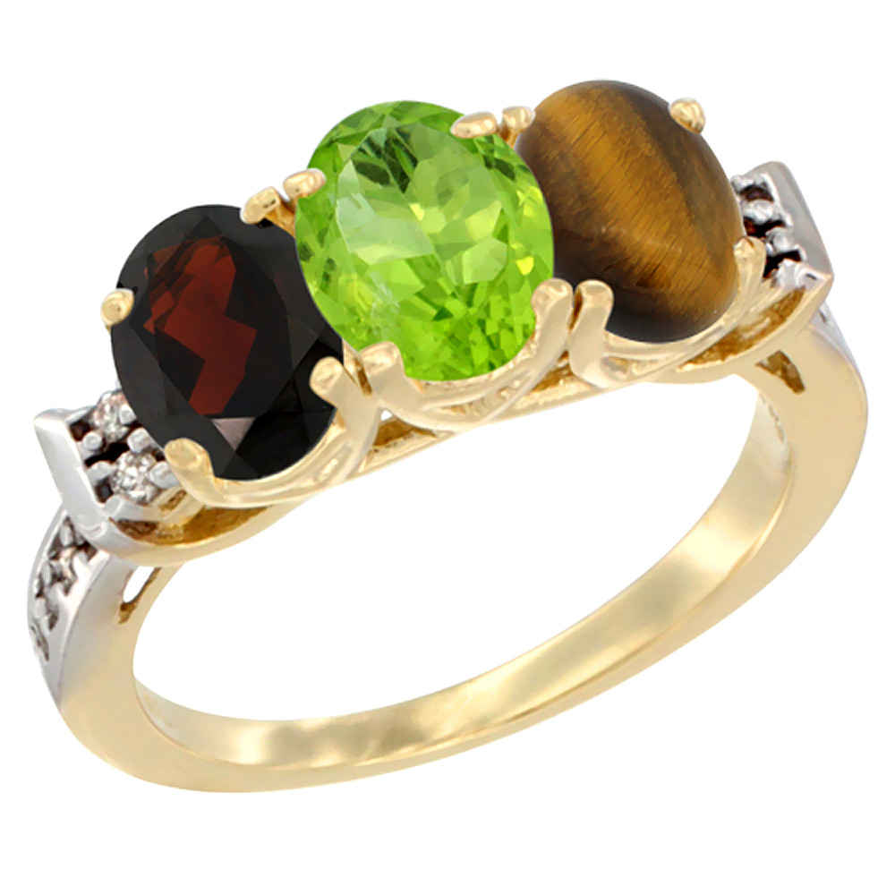 14K Yellow Gold Natural Garnet, Peridot & Tiger Eye Ring 3-Stone 7x5 mm Oval Diamond Accent, sizes 5 - 10