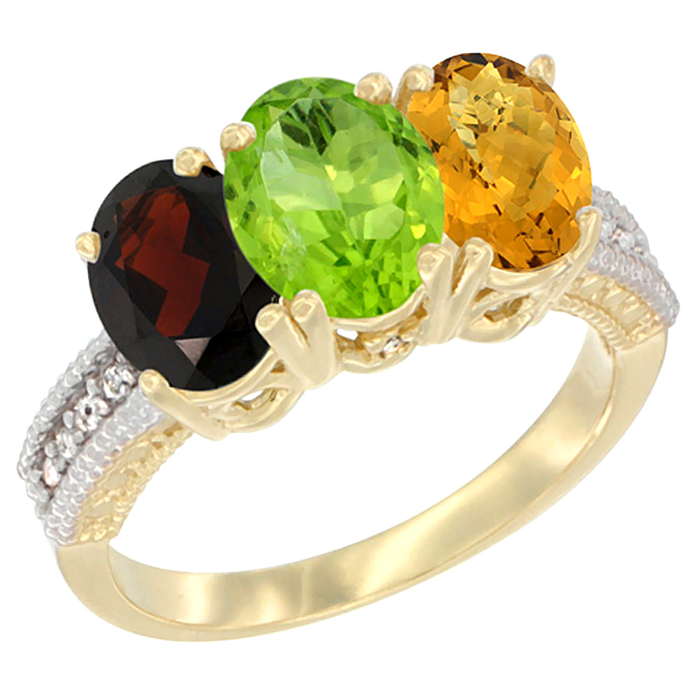 10K Yellow Gold Diamond Natural Garnet, Peridot & Whisky Quartz Ring 3-Stone 7x5 mm Oval, sizes 5 - 10