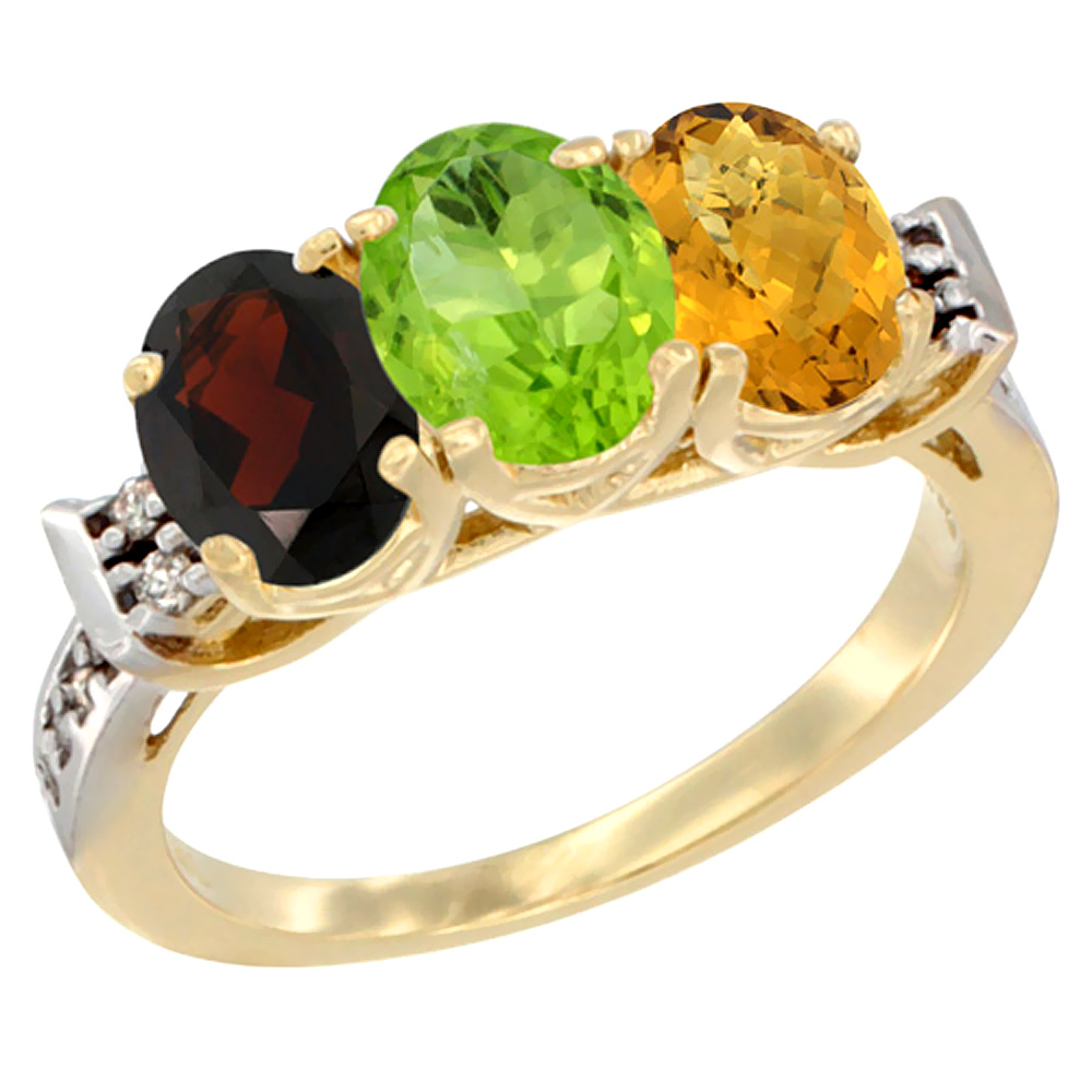 14K Yellow Gold Natural Garnet, Peridot & Whisky Quartz Ring 3-Stone 7x5 mm Oval Diamond Accent, sizes 5 - 10