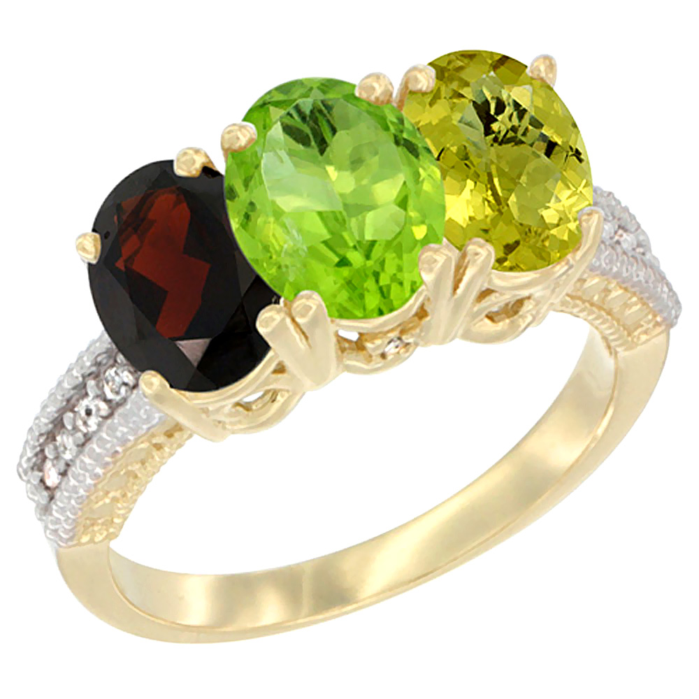 14K Yellow Gold Natural Garnet, Peridot & Lemon Quartz Ring 3-Stone 7x5 mm Oval Diamond Accent, sizes 5 - 10