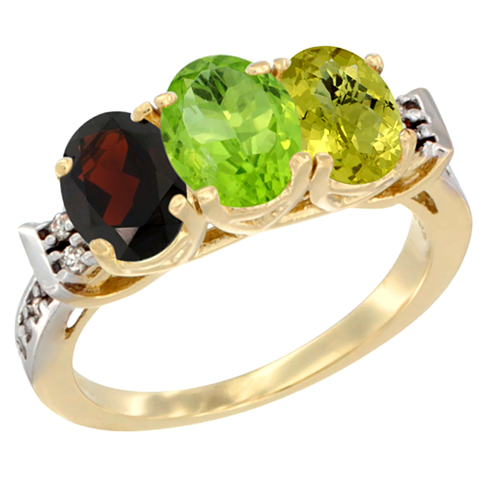 14K Yellow Gold Natural Garnet, Peridot & Lemon Quartz Ring 3-Stone 7x5 mm Oval Diamond Accent, sizes 5 - 10