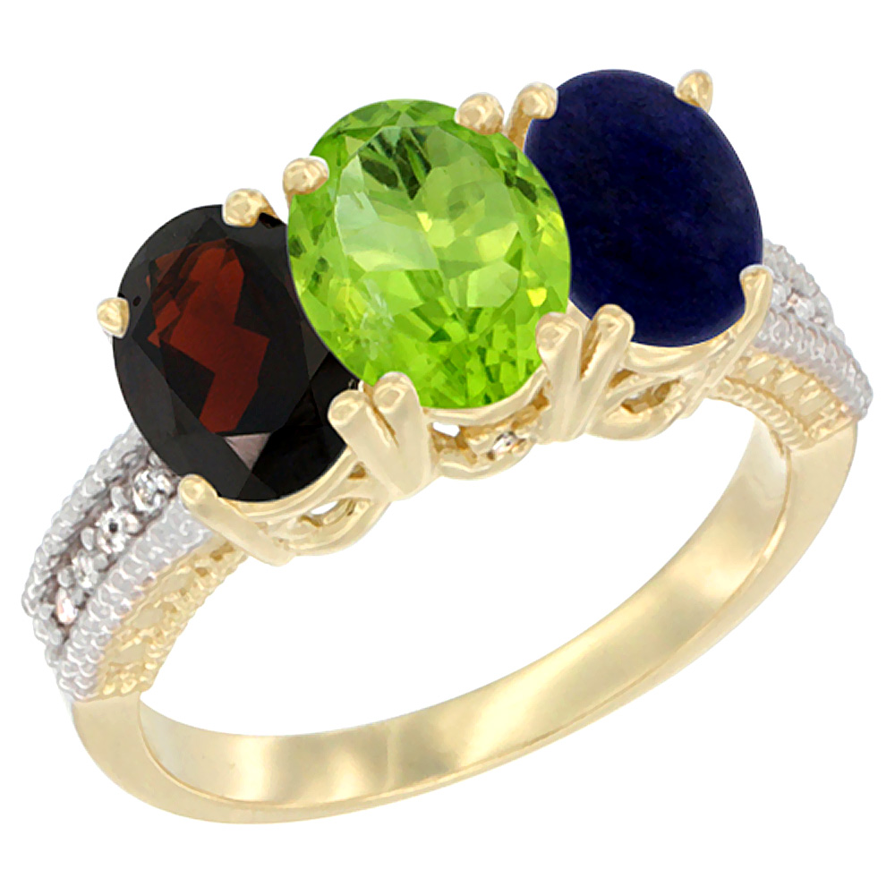 14K Yellow Gold Natural Garnet, Peridot & Lapis Ring 3-Stone 7x5 mm Oval Diamond Accent, sizes 5 - 10