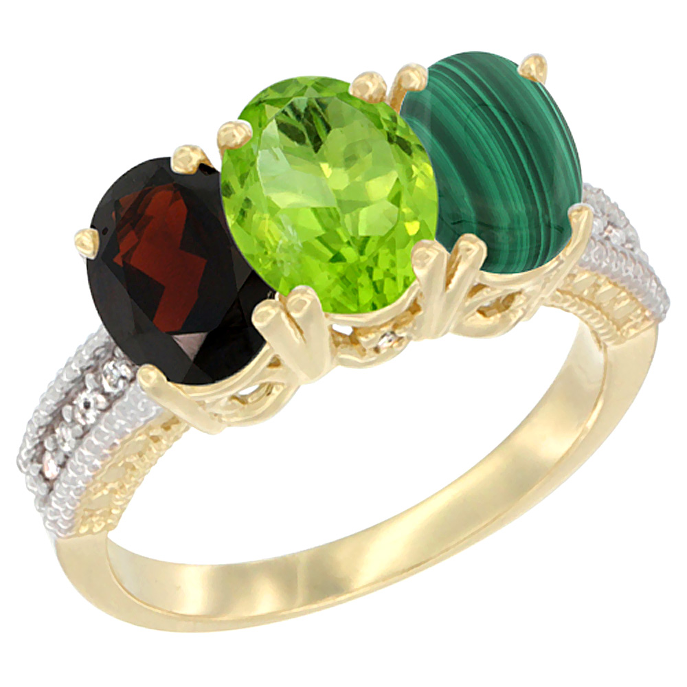 14K Yellow Gold Natural Garnet, Peridot & Malachite Ring 3-Stone 7x5 mm Oval Diamond Accent, sizes 5 - 10