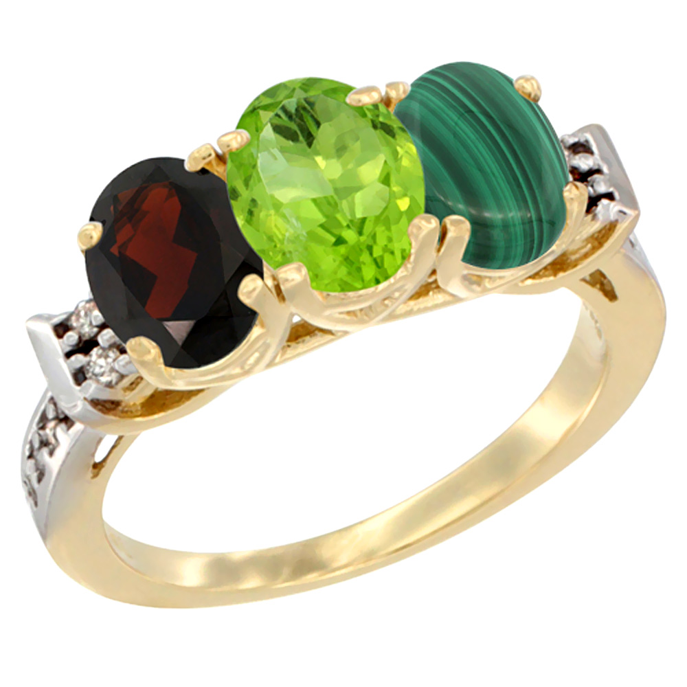 14K Yellow Gold Natural Garnet, Peridot & Malachite Ring 3-Stone 7x5 mm Oval Diamond Accent, sizes 5 - 10