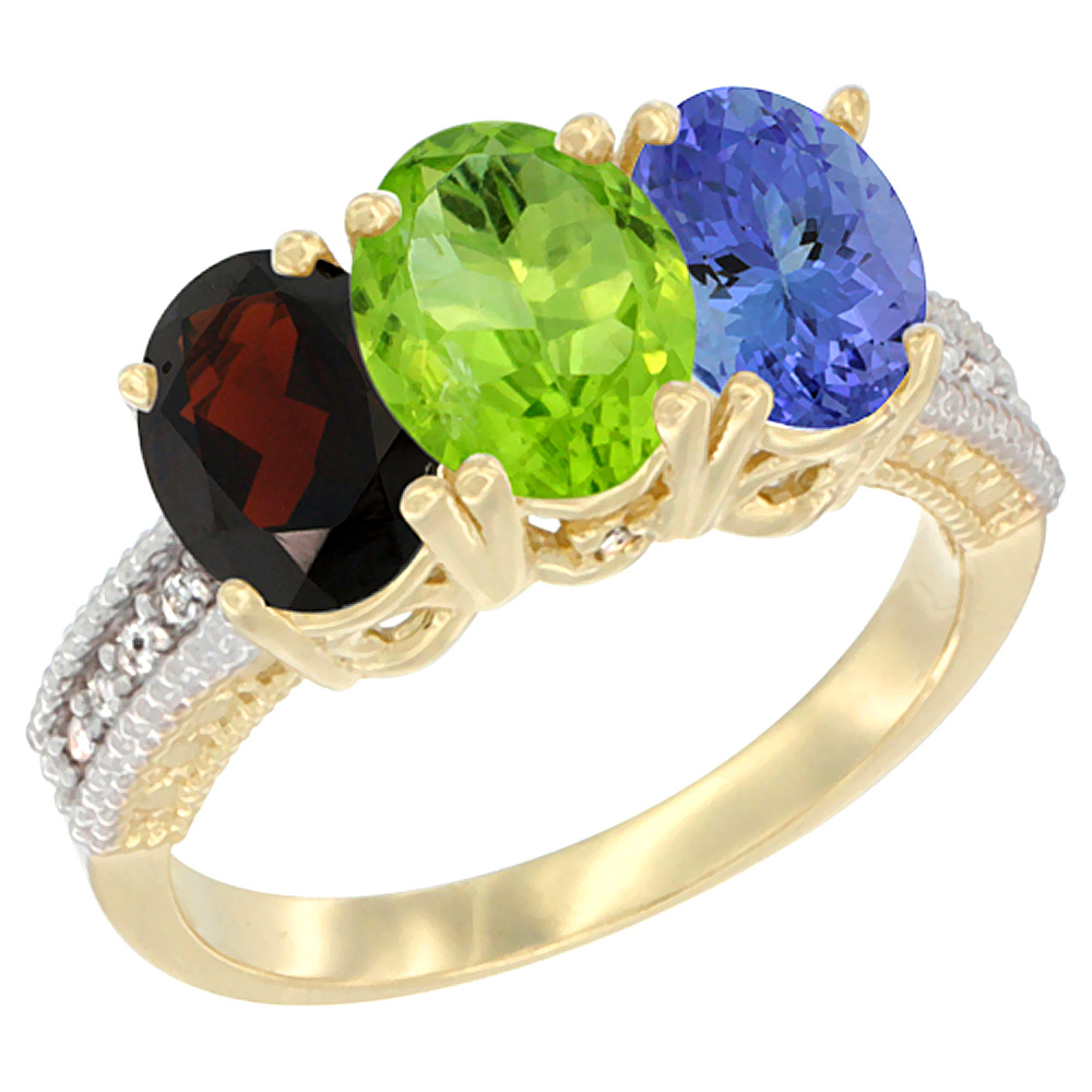 10K Yellow Gold Diamond Natural Garnet, Peridot &amp; Tanzanite Ring 3-Stone 7x5 mm Oval, sizes 5 - 10