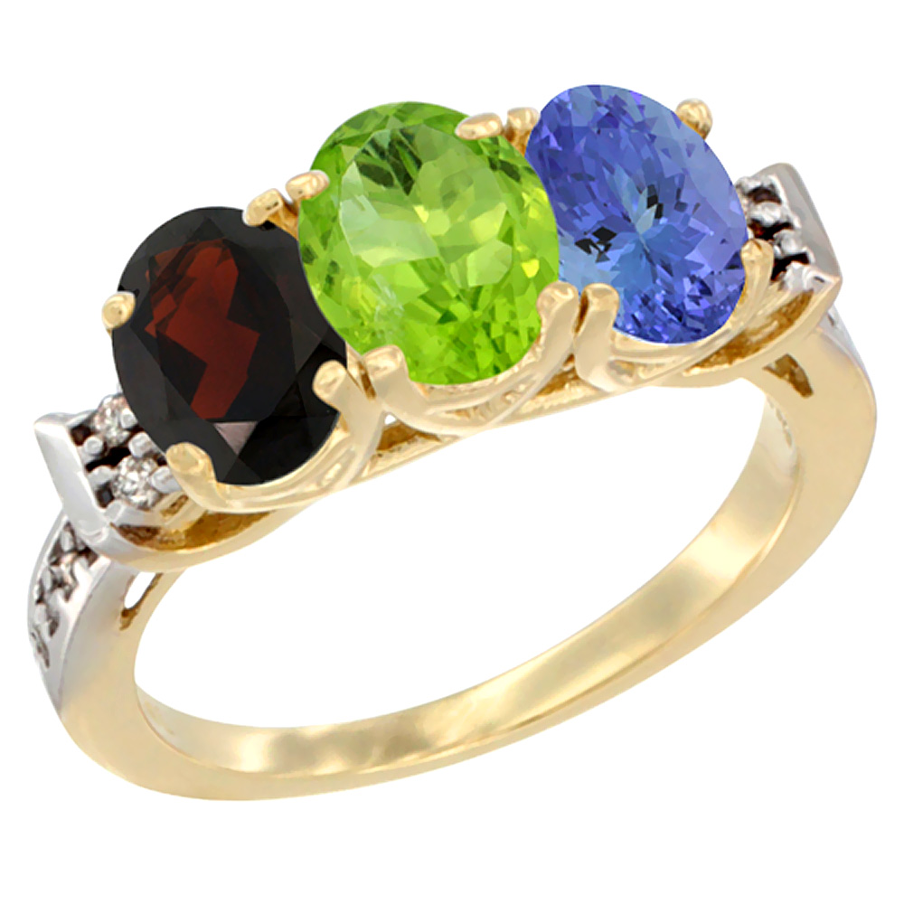 14K Yellow Gold Natural Garnet, Peridot & Tanzanite Ring 3-Stone 7x5 mm Oval Diamond Accent, sizes 5 - 10