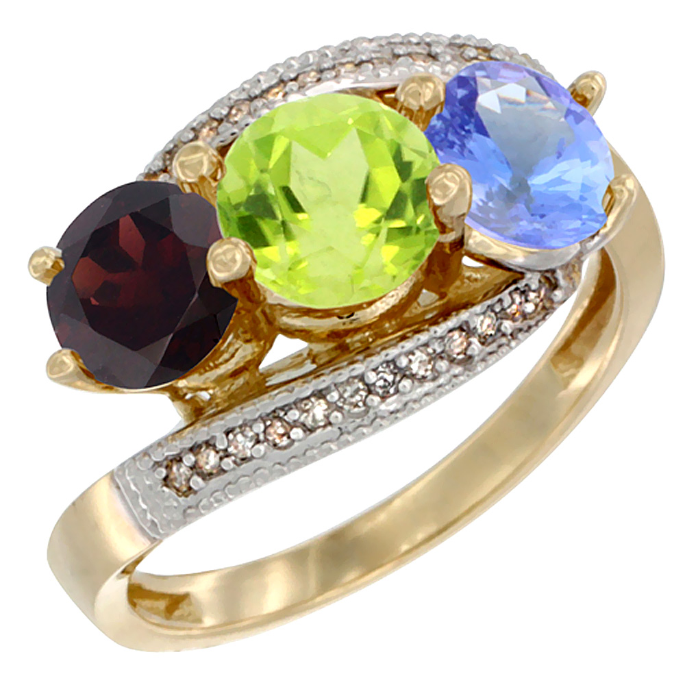 14K Yellow Gold Natural Garnet, Peridot & Tanzanite 3 stone Ring Round 6mm Diamond Accent, sizes 5 - 10