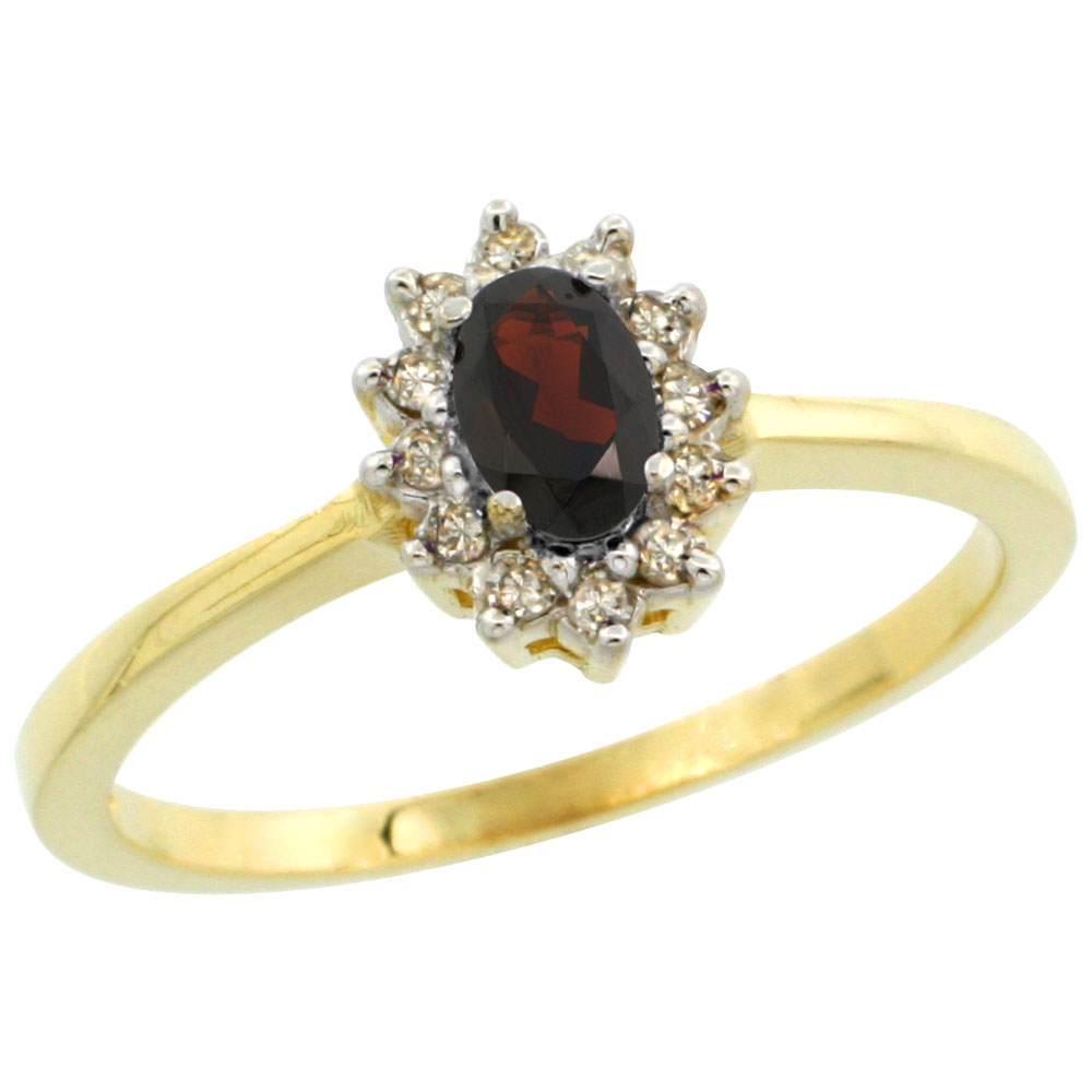 10k Yellow Gold Natural Garnet Ring Oval 5x3mm Diamond Halo, sizes 5-10