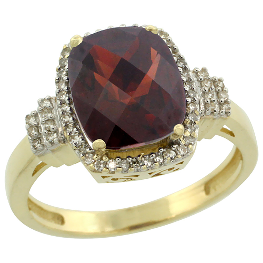 14K Yellow Gold Natural Garnet Ring Cushion-cut 9x7mm Diamond Halo, sizes 5-10