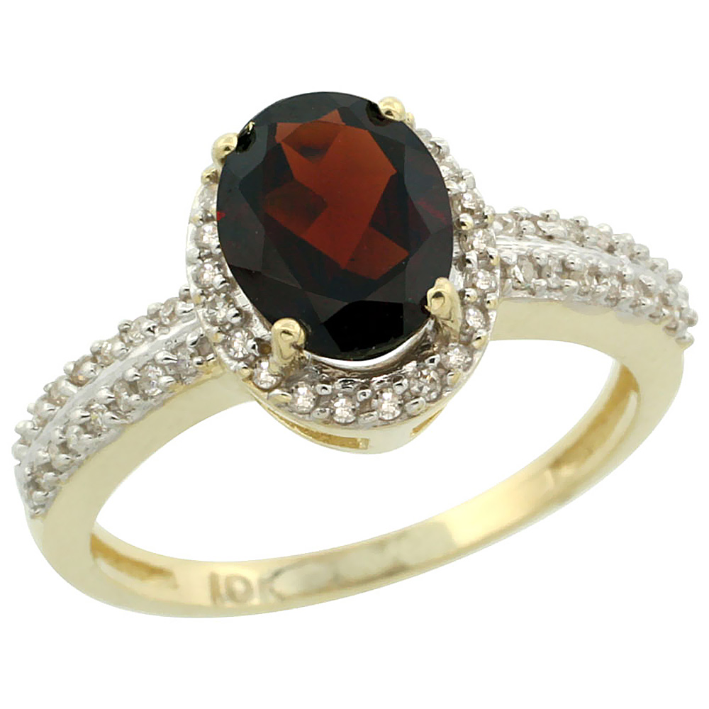 10k Yellow Gold Natural Garnet Ring Oval 8x6mm Diamond Halo, sizes 5-10