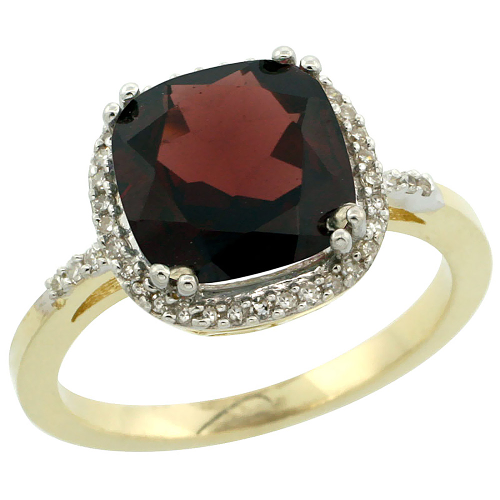 14K Yellow Gold Diamond Natural Garnet Ring Cushion-cut 9x9mm, sizes 5-10