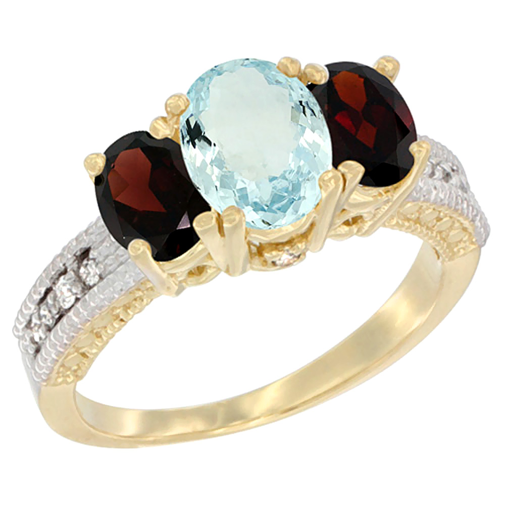 10K Yellow Gold Diamond Natural Aquamarine Ring Oval 3-stone with Garnet, sizes 5 - 10