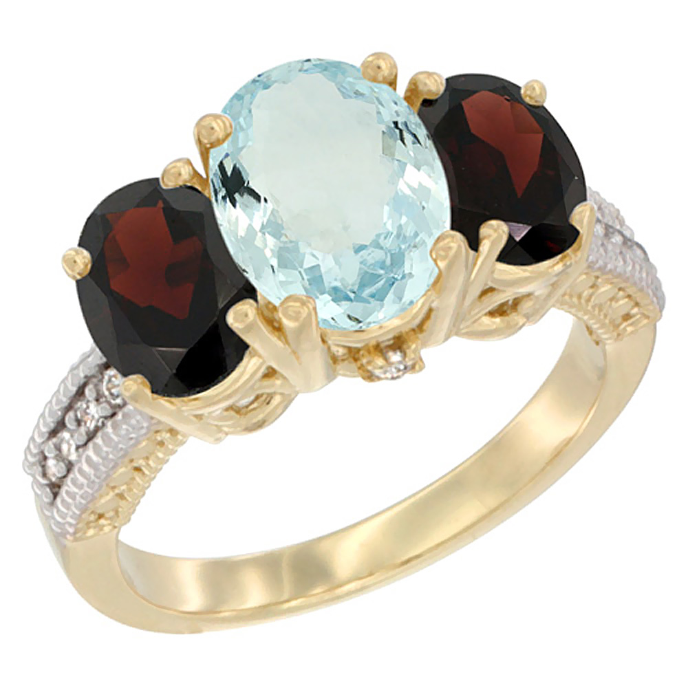 14K Yellow Gold Diamond Natural Aquamarine Ring 3-Stone Oval 8x6mm with Garnet, sizes5-10