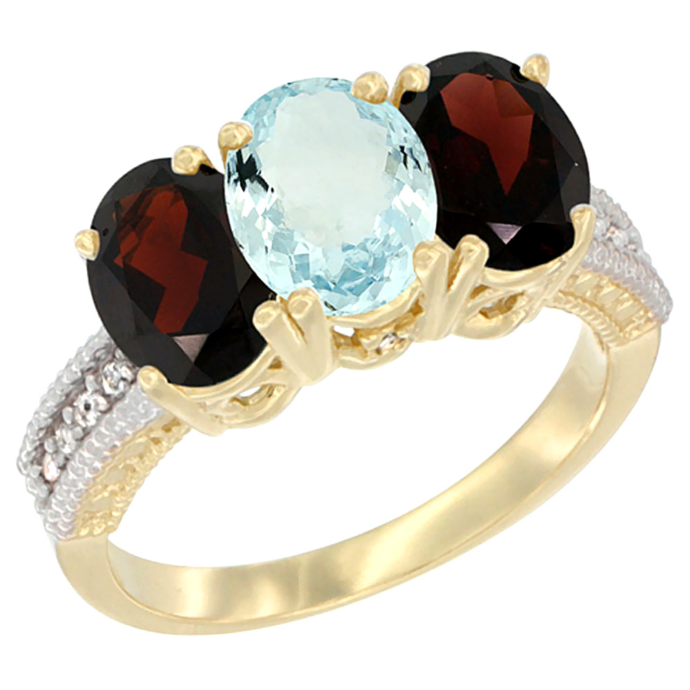 10K Yellow Gold Diamond Natural Aquamarine & Garnet Ring 3-Stone 7x5 mm Oval, sizes 5 - 10