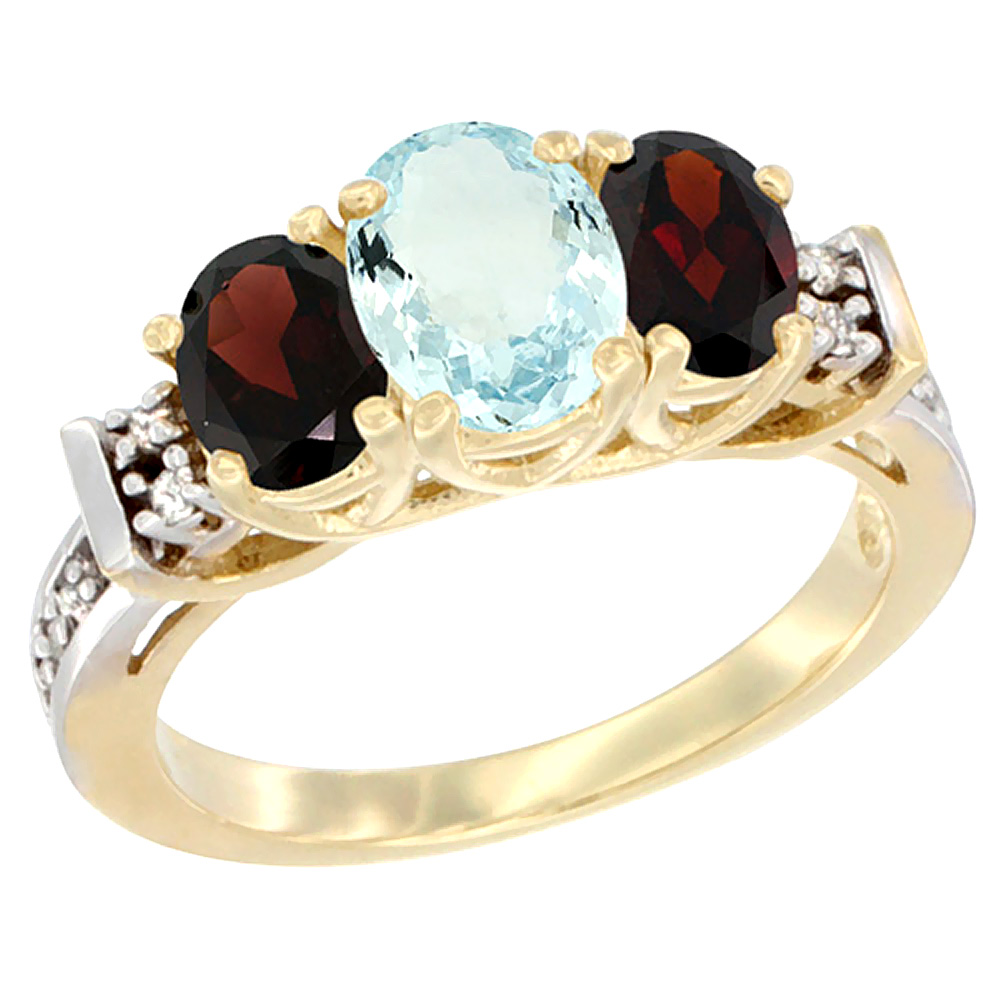 10K Yellow Gold Natural Aquamarine & Garnet Ring 3-Stone Oval Diamond Accent