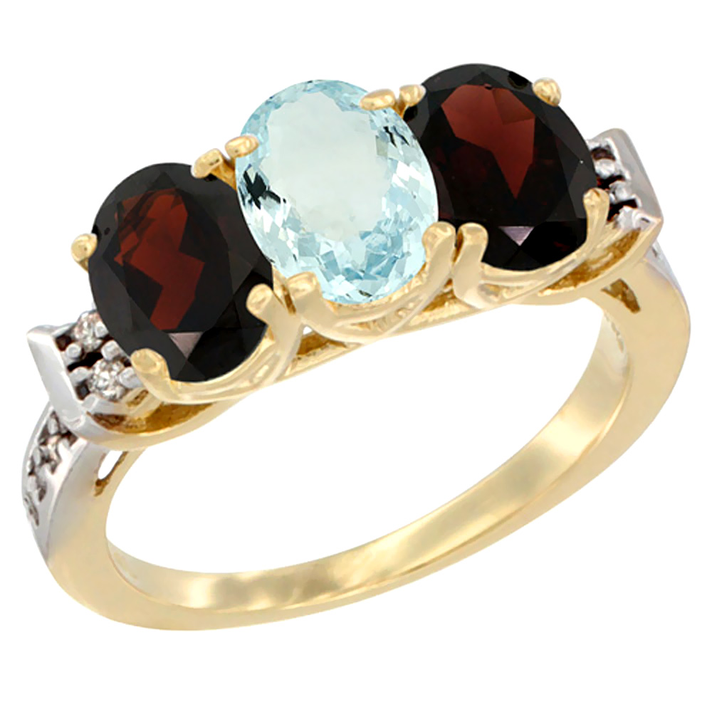 10K Yellow Gold Natural Aquamarine & Garnet Sides Ring 3-Stone Oval 7x5 mm Diamond Accent, sizes 5 - 10