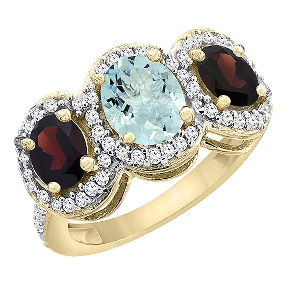 10K Yellow Gold Natural Aquamarine & Garnet 3-Stone Ring Oval Diamond Accent, sizes 5 - 10