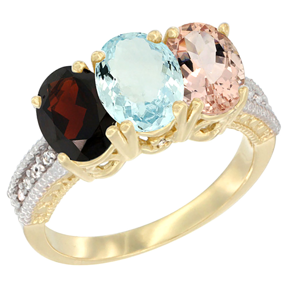 14K Yellow Gold Natural Garnet, Aquamarine & Morganite Ring 3-Stone 7x5 mm Oval Diamond Accent, sizes 5 - 10