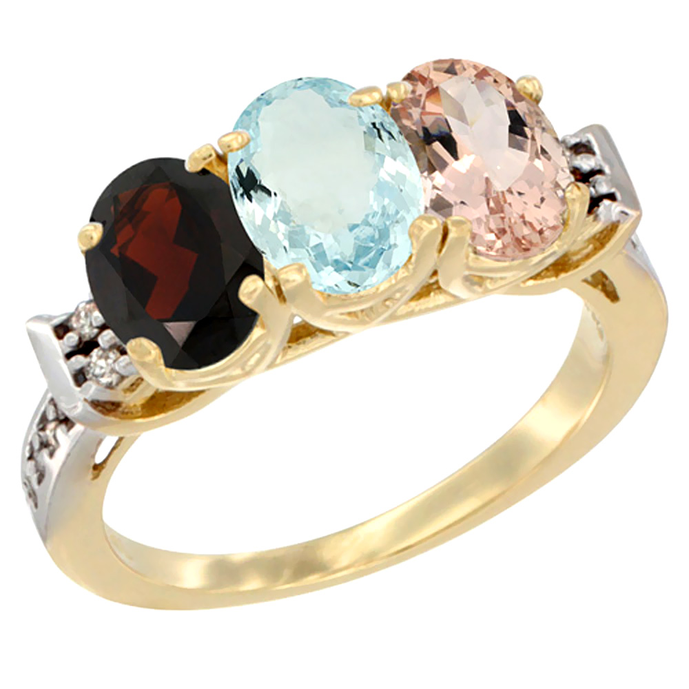 14K Yellow Gold Natural Garnet, Aquamarine & Morganite Ring 3-Stone 7x5 mm Oval Diamond Accent, sizes 5 - 10