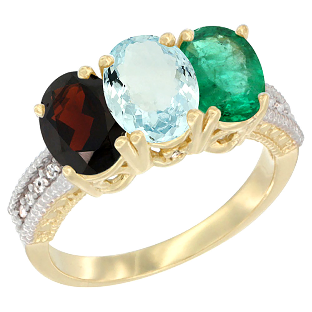 14K Yellow Gold Natural Garnet, Aquamarine & Emerald Ring 3-Stone 7x5 mm Oval Diamond Accent, sizes 5 - 10