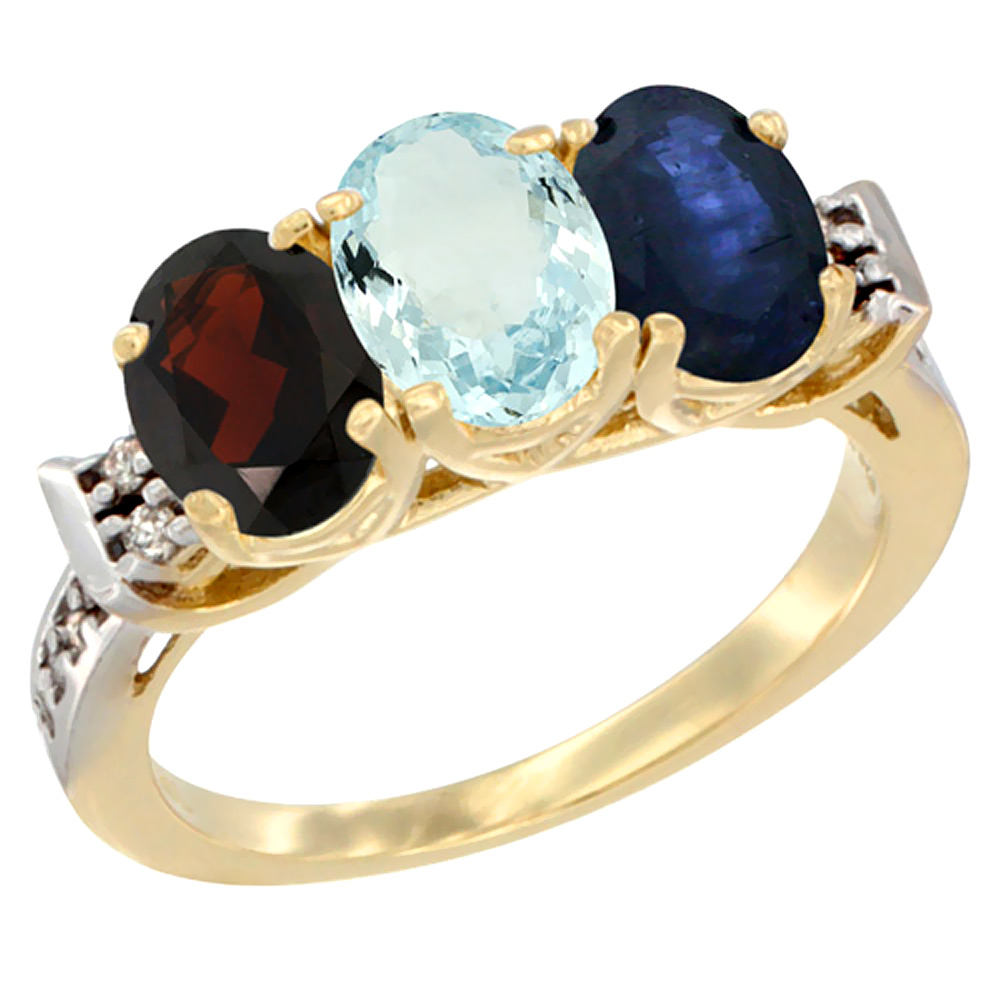 14K Yellow Gold Natural Garnet, Aquamarine &amp; Blue Sapphire Ring 3-Stone 7x5 mm Oval Diamond Accent, sizes 5 - 10