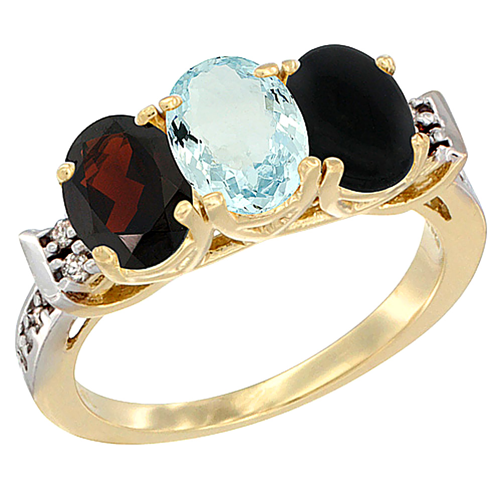 14K Yellow Gold Natural Garnet, Aquamarine & Black Onyx Ring 3-Stone 7x5 mm Oval Diamond Accent, sizes 5 - 10