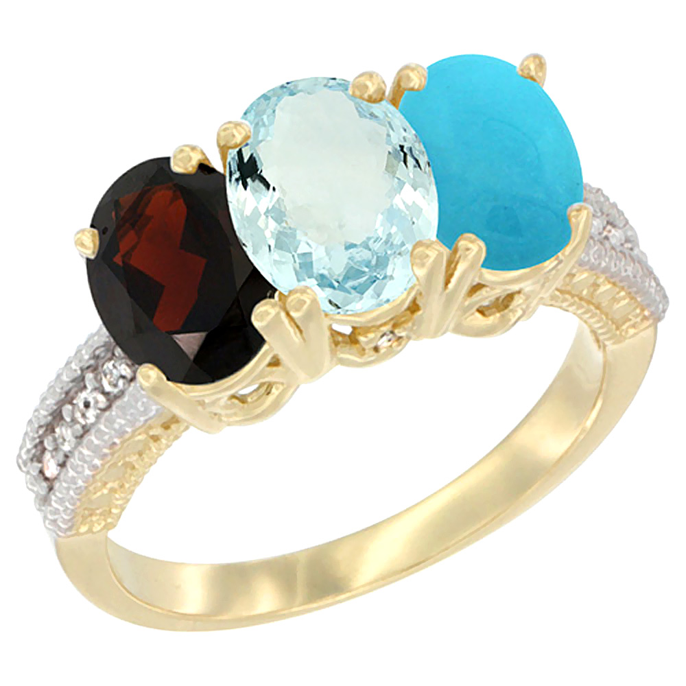 14K Yellow Gold Natural Garnet, Aquamarine & Turquoise Ring 3-Stone 7x5 mm Oval Diamond Accent, sizes 5 - 10