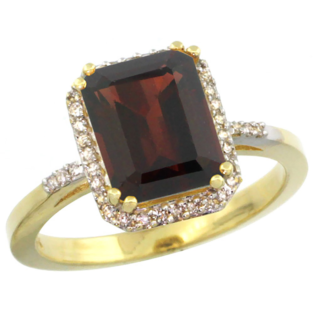 14K Yellow Gold Diamond Natural Garnet Ring Emerald-cut 9x7mm, sizes 5-10